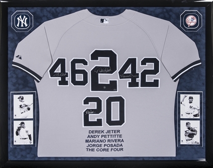 New York Yankees Core 4 Multi Signed Embroidered Jersey Signed By Jeter, Posada, Rivera & Pettitte In 43x35 Framed Display - LE 2/27 (Steiner)